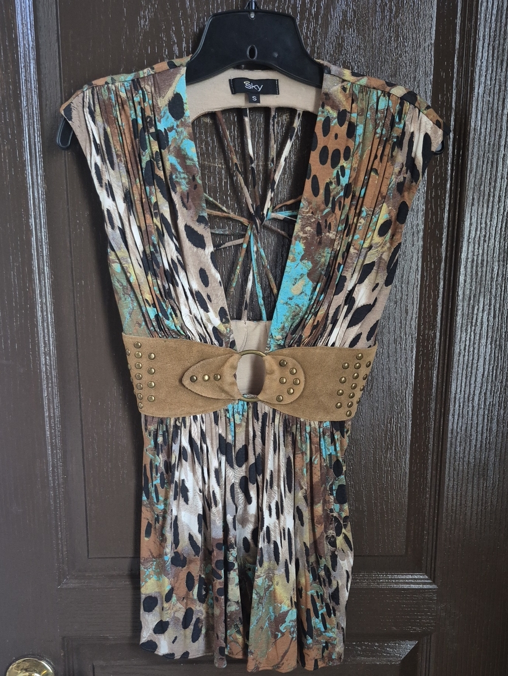 Sky Brown and Turquoise Animal Print Suede Corset Top Nwot